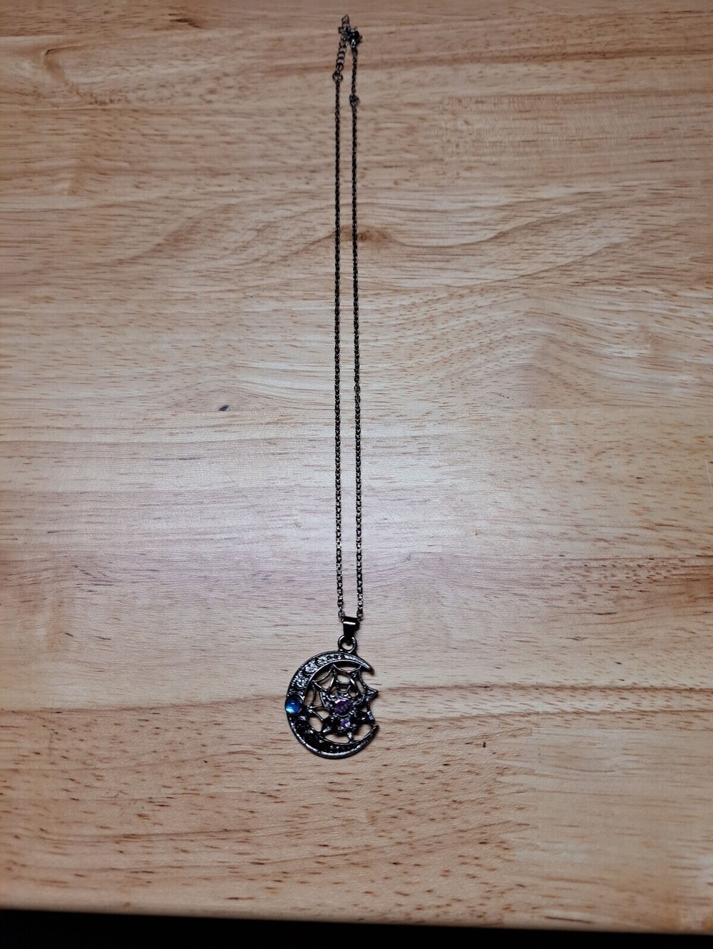 Vintage Style Moon and Spider Web Pendant Necklace with Colored Stones